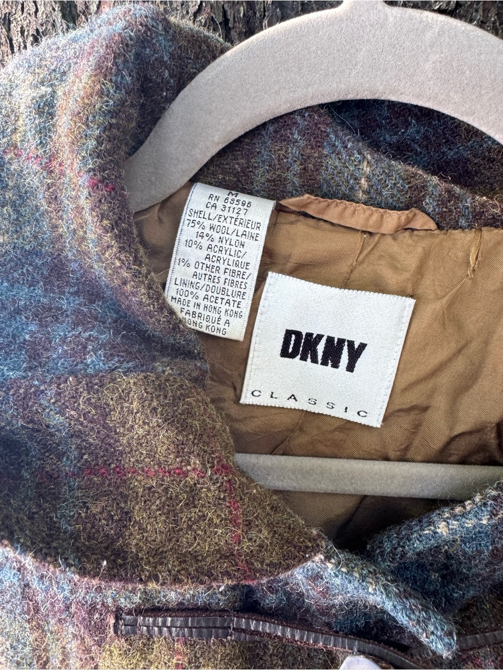 DKNY Plaid Wool Toggle Coat Leather Straps M - Picture 3 of 11